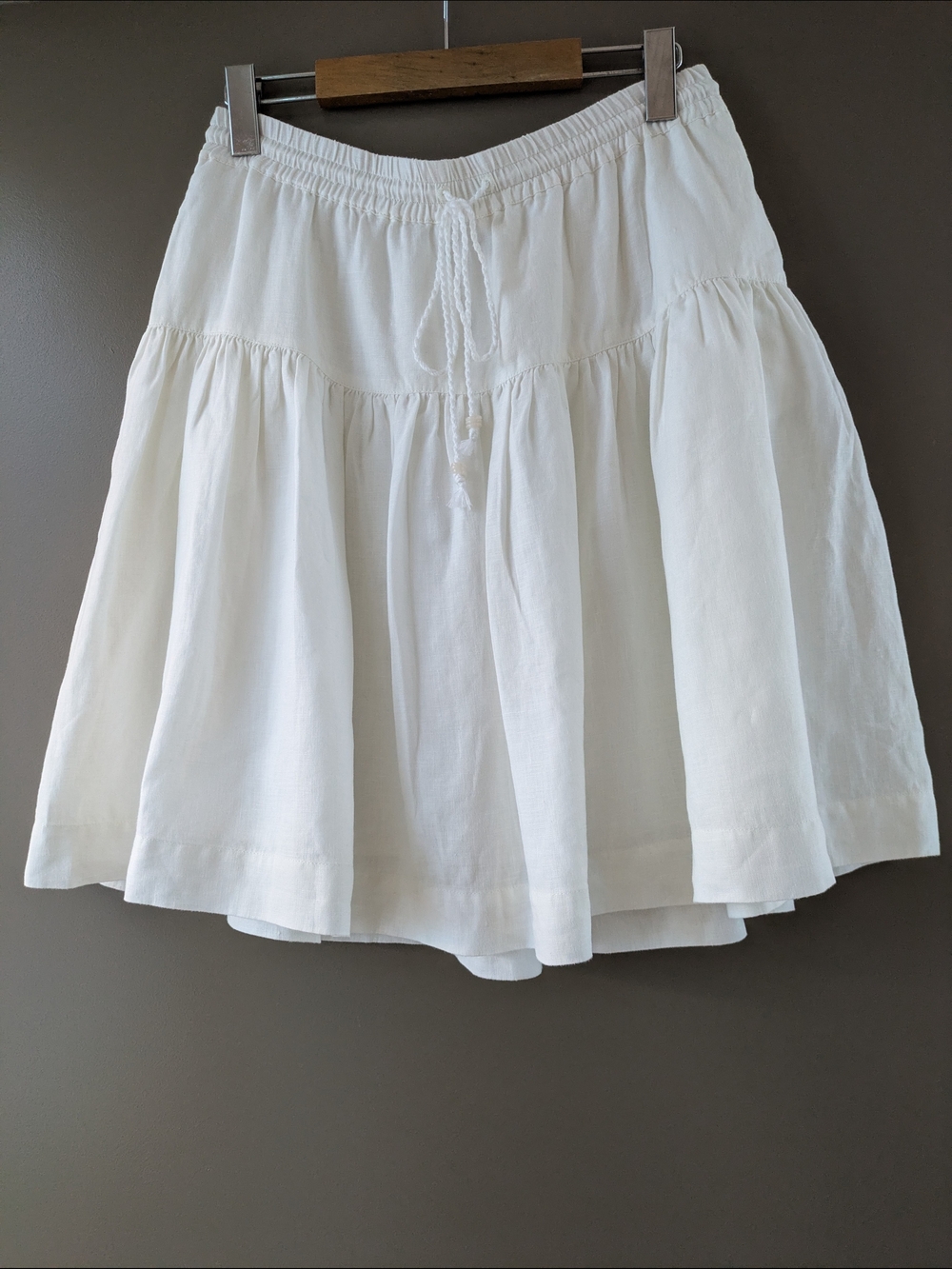 Linen GAP XS White Tiered Summer Skirt With Pockets, Elastic Waist Drawstrings
